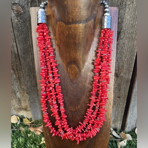 Sterling Silver Multi Strand Red Bamboo Coral Bead Necklace 24 Inch